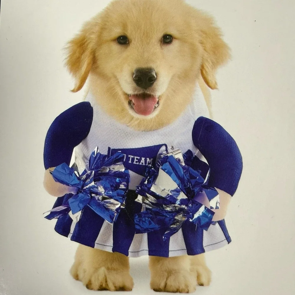 NWT Cheerleader Dog Costume L Pet Apparel Blue White & Pom Poms Dogs Go Team